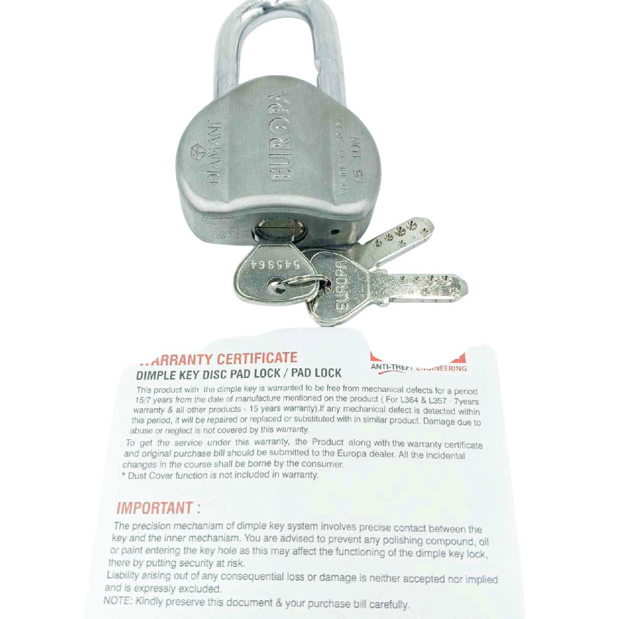 Europa L358 padlock Stainless Steel Diamant 58 mm 3 Dimple Keys 15years warrenty (1002)