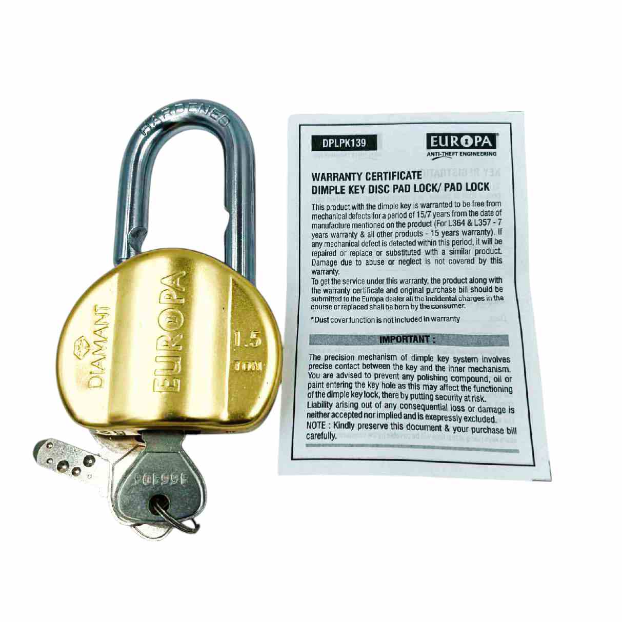 Europa L358BM Brass Diamant Padlock with Advanced DLSB Technology and 11-Pin 3 Dimple Keys Security 15 years warrenty(1003)