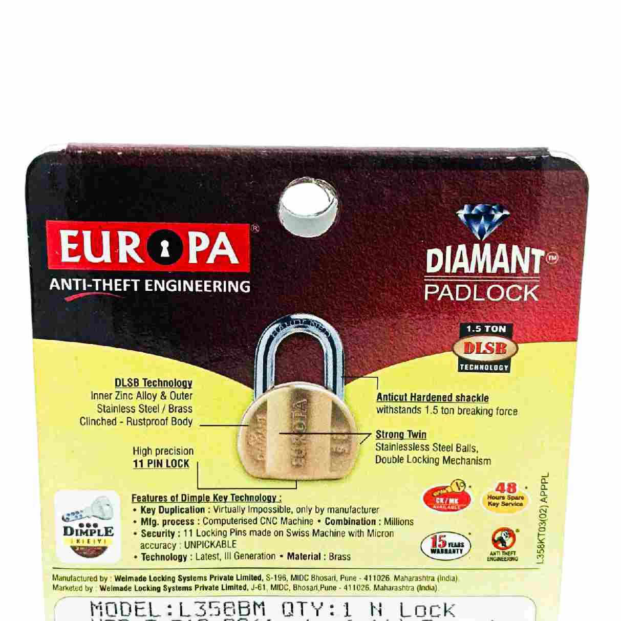 Europa L358BM Brass Diamant Padlock with Advanced DLSB Technology and 11-Pin 3 Dimple Keys Security 15 years warrenty(1003)