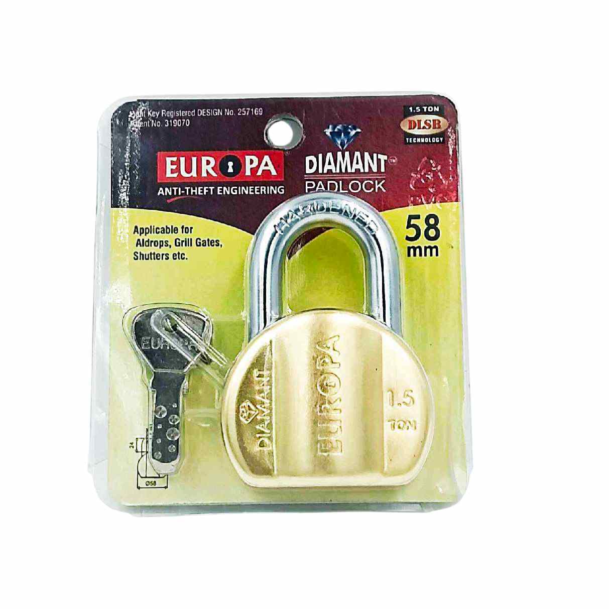 Europa L358BM Brass Diamant Padlock with Advanced DLSB Technology and 11-Pin 3 Dimple Keys Security 15 years warrenty(1003)