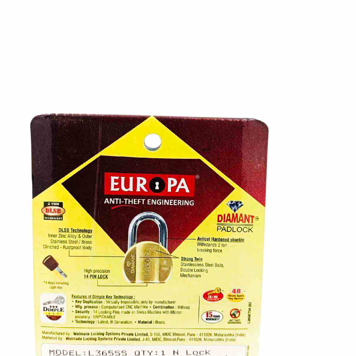 Europa L365SS Satin Finish Diamant Padlock with Advanced DLSB Technology and 14-Pin 4 Dimple Key Security 15 years warrenty(1004)