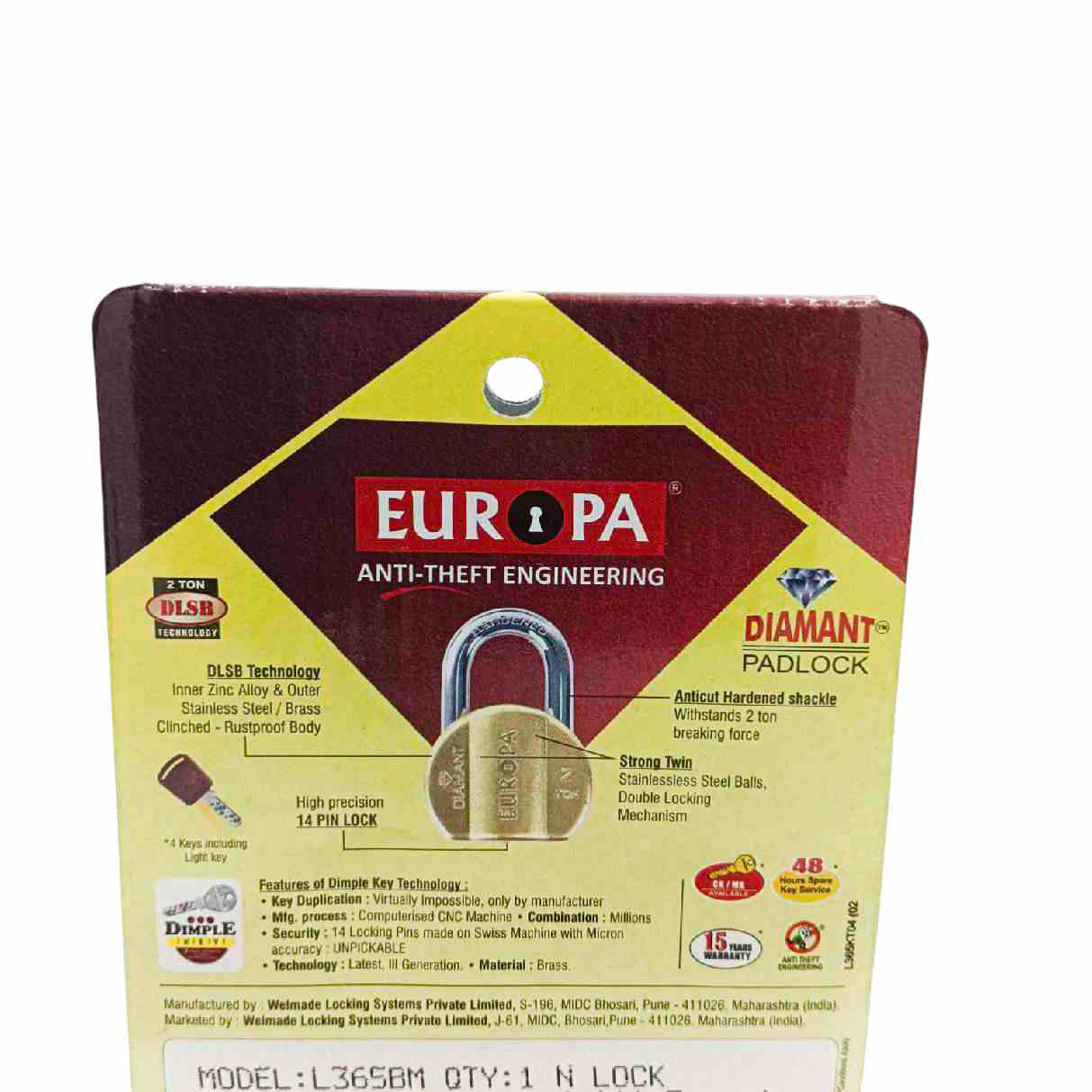Europa L365BM Brass Finish Diamant Padlock with Advanced Security and 15-Year Warranty 4keys(1005)