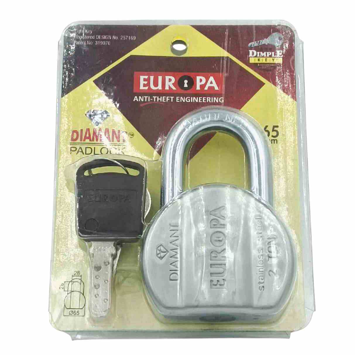 Europa L365SS Satin Finish Diamant Padlock with Advanced DLSB Technology and 14-Pin 4 Dimple Key Security 15 years warrenty(1004)