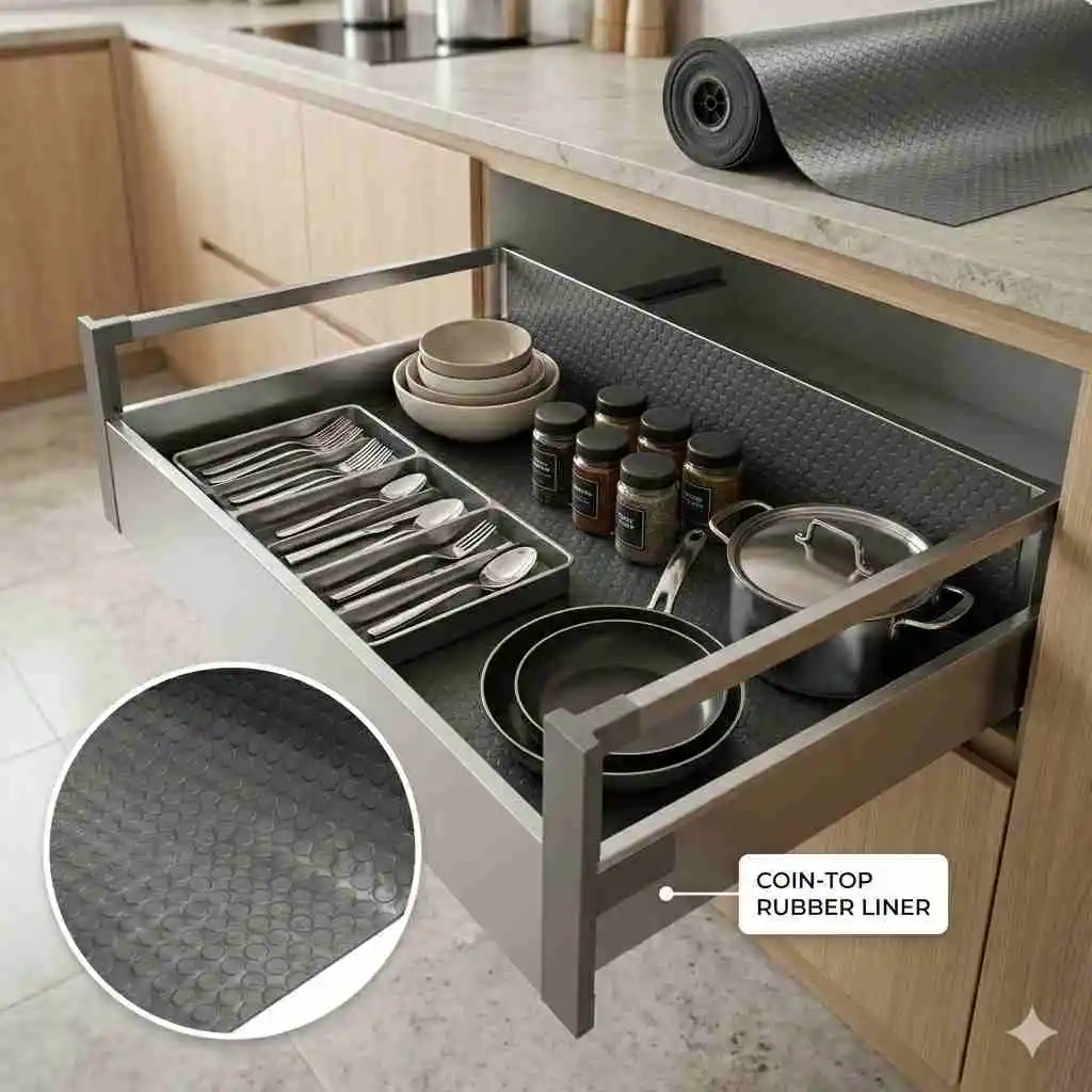 Anti Slip Rubber Matt for Kitchen Tandem, Drawer baskets etc | Round Bump Dots (500mm width) (1 Meter length) (1678)