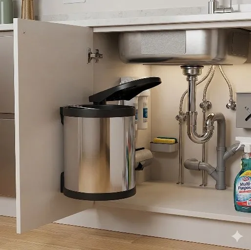 Auto Lid Dustbin 8 Ltr Stainless Steel Silver and Black Garbage Bin for Modular Kitchen Cabinets (2885)