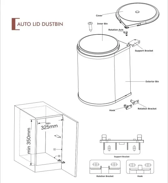 Auto Lid Dustbin 8 Ltr Stainless Steel Silver and Black Garbage Bin for Modular Kitchen Cabinets (2885)