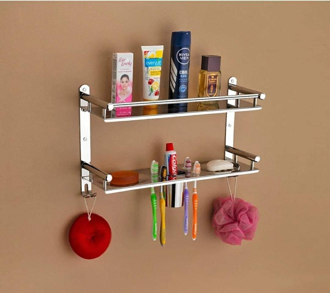 Stainless Steel 2 Layer Wall Mounted Bathroom Rack and Shelf Bathroom Storage Racks and Shelves Washroom Basin Double Soap Dish and Tumbler Holder Soap Holder Bathroom Accessories (1575)