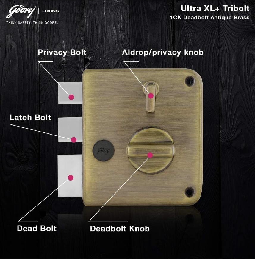 Godrej maindoor lock 6089 ultra XL+ tribolt 1ck deadbolt antique brass 5 years warrenty free installation (1557)