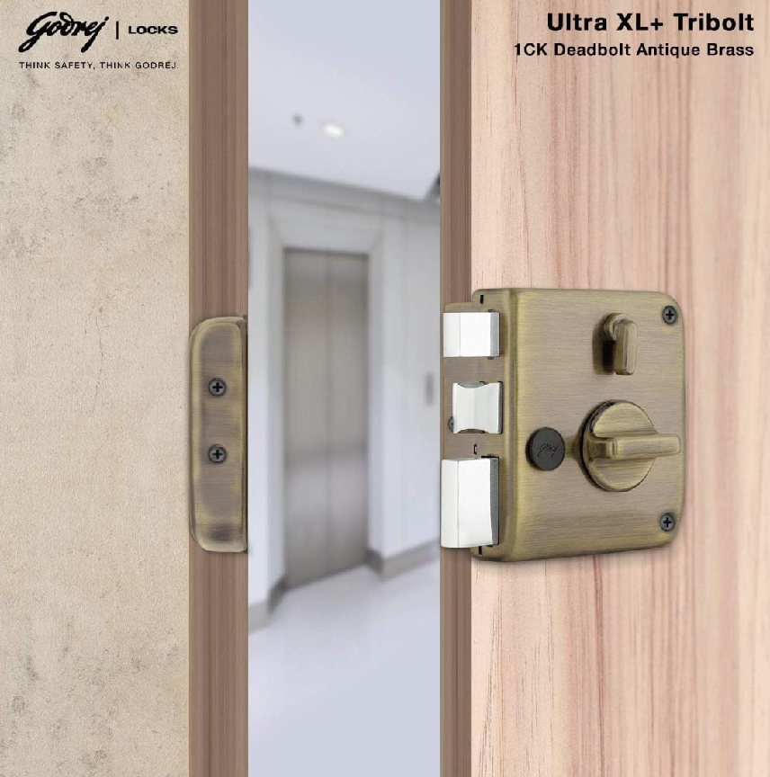 Godrej maindoor lock 6089 ultra XL+ tribolt 1ck deadbolt antique brass 5 years warrenty free installation (1557)