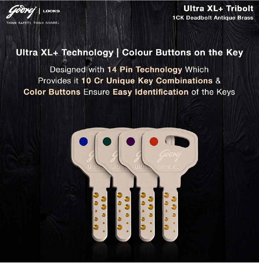 Godrej maindoor lock 6089 ultra XL+ tribolt 1ck deadbolt antique brass 5 years warrenty free installation (1557)
