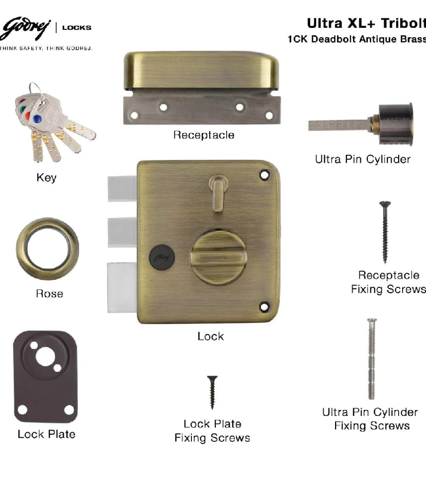 Godrej maindoor lock 6089 ultra XL+ tribolt 1ck deadbolt antique brass 5 years warrenty free installation (1557)
