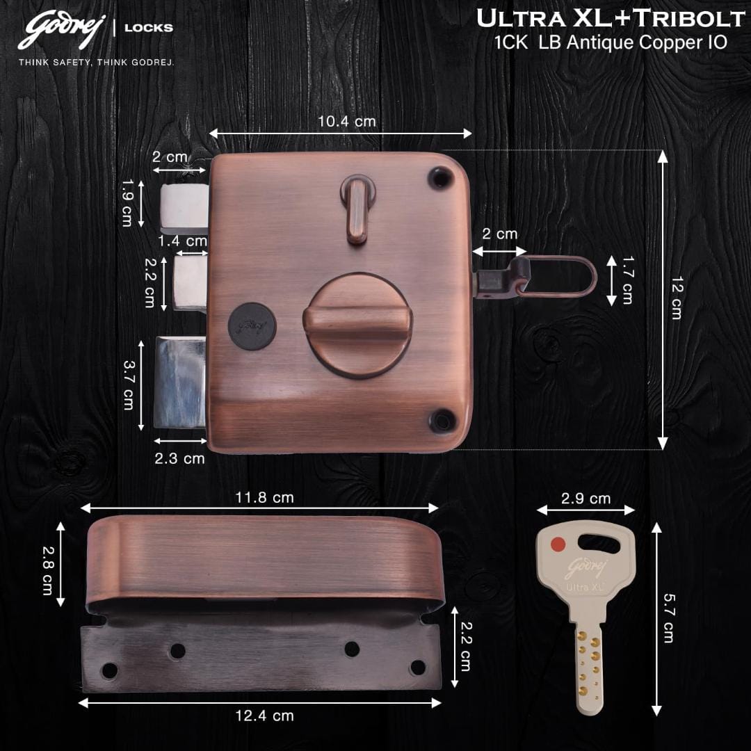 Godrej maindoor lock 6029 ultra XL+ tribolt 1ck with latchbolt Antique copper finish inside opening door 5 years warrenty free installation (1629)