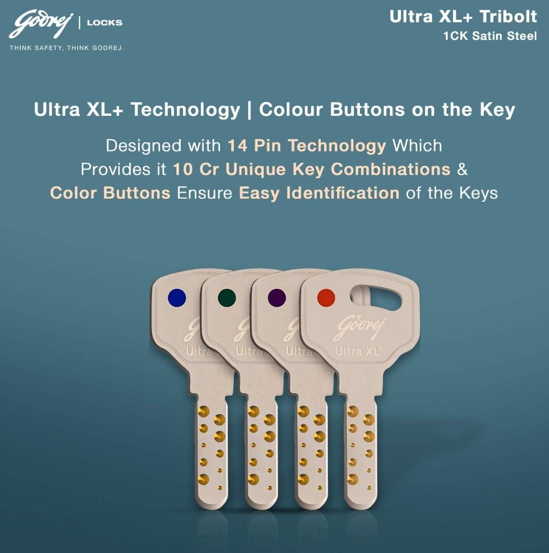 Godrej maindoor lock 6086 ultra XL+ tribolt 1ck deadbolt with auto latch satin steel finish 5 years warrenty free installation (1628)