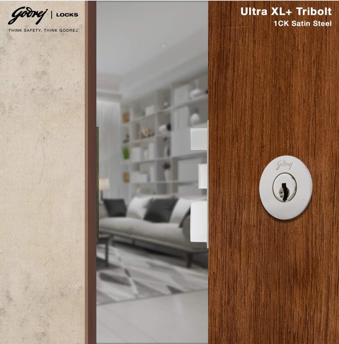 Godrej maindoor lock 6086 ultra XL+ tribolt 1ck deadbolt with auto latch satin steel finish 5 years warrenty free installation (1628)