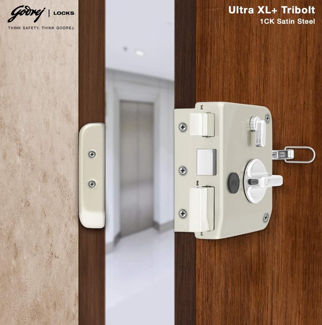 Godrej maindoor lock 6086 ultra XL+ tribolt 1ck deadbolt with auto latch satin steel finish 5 years warrenty free installation (1628)