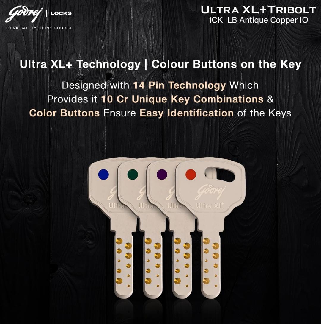 Godrej maindoor lock 6029 ultra XL+ tribolt 1ck with latchbolt Antique copper finish inside opening door 5 years warrenty free installation (1629)