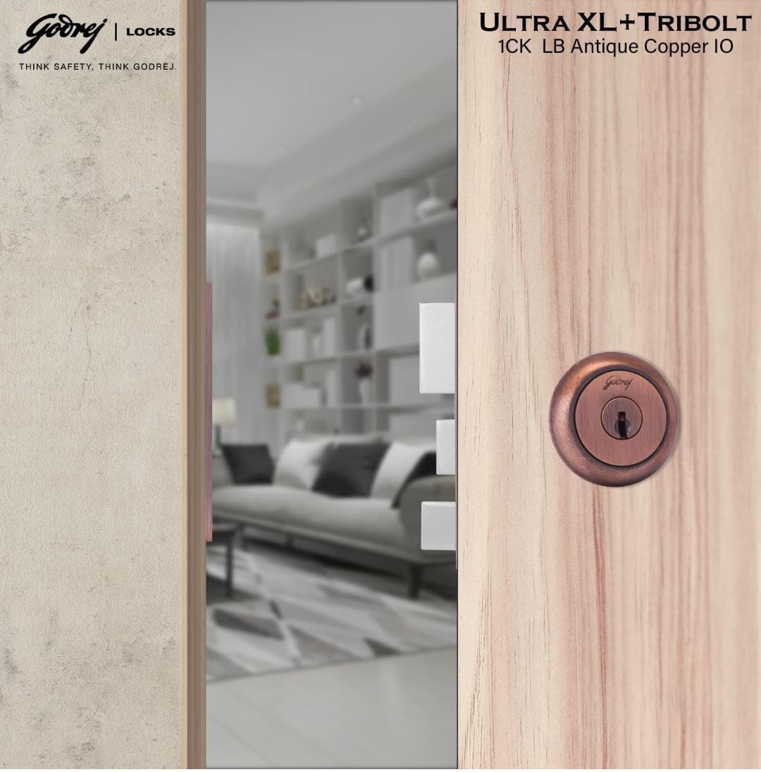 Godrej maindoor lock 6029 ultra XL+ tribolt 1ck with latchbolt Antique copper finish inside opening door 5 years warrenty free installation (1629)