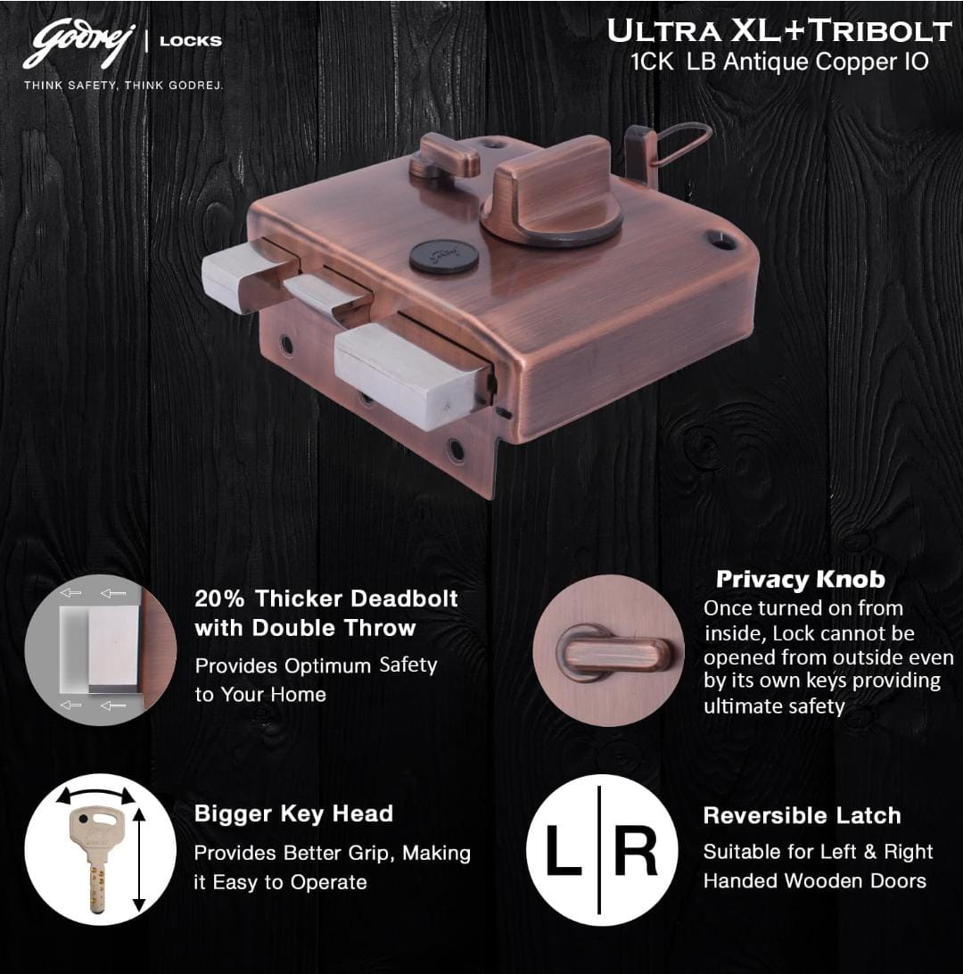 Godrej maindoor lock 6029 ultra XL+ tribolt 1ck with latchbolt Antique copper finish inside opening door 5 years warrenty free installation (1629)