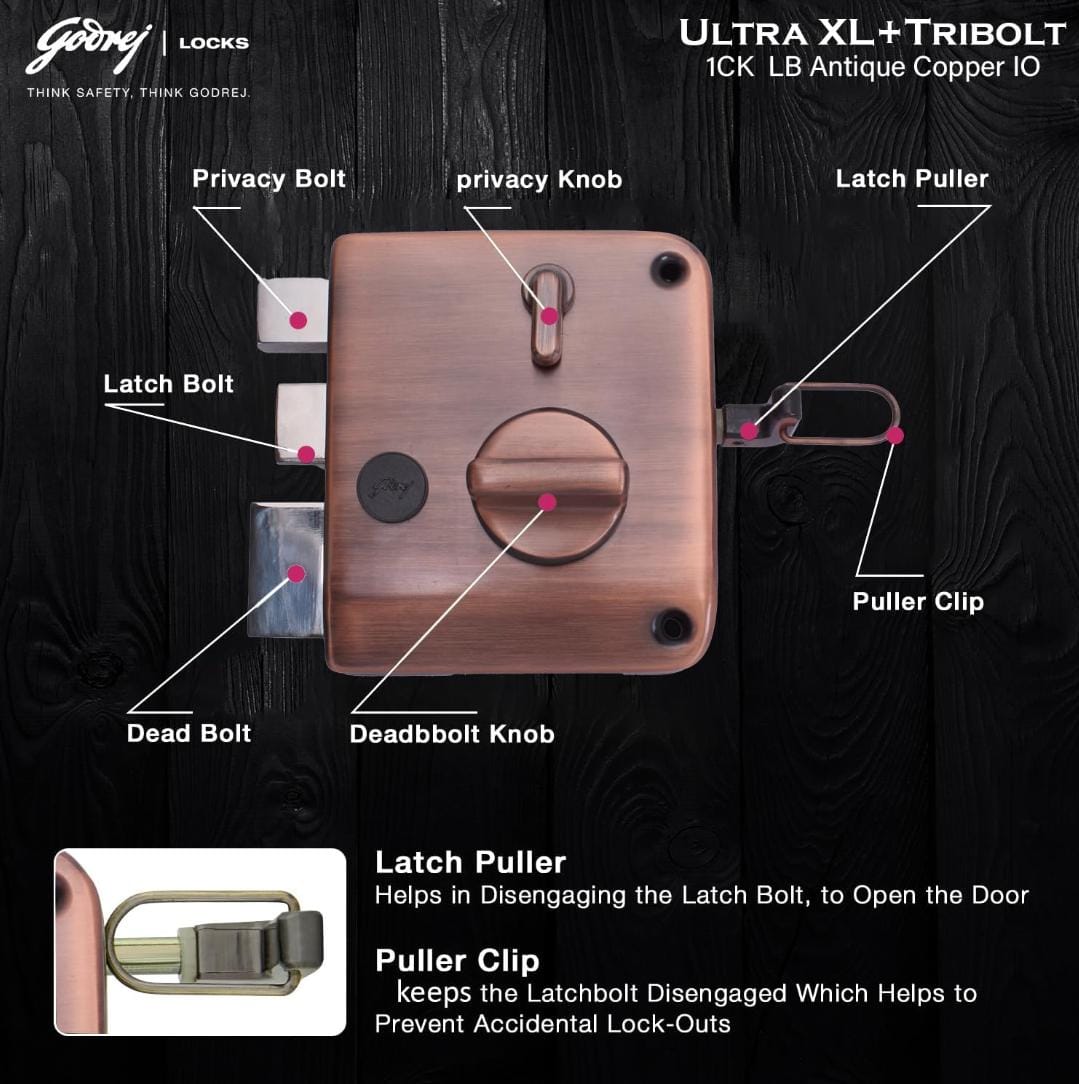 Godrej maindoor lock 6029 ultra XL+ tribolt 1ck with latchbolt Antique copper finish inside opening door 5 years warrenty free installation (1629)