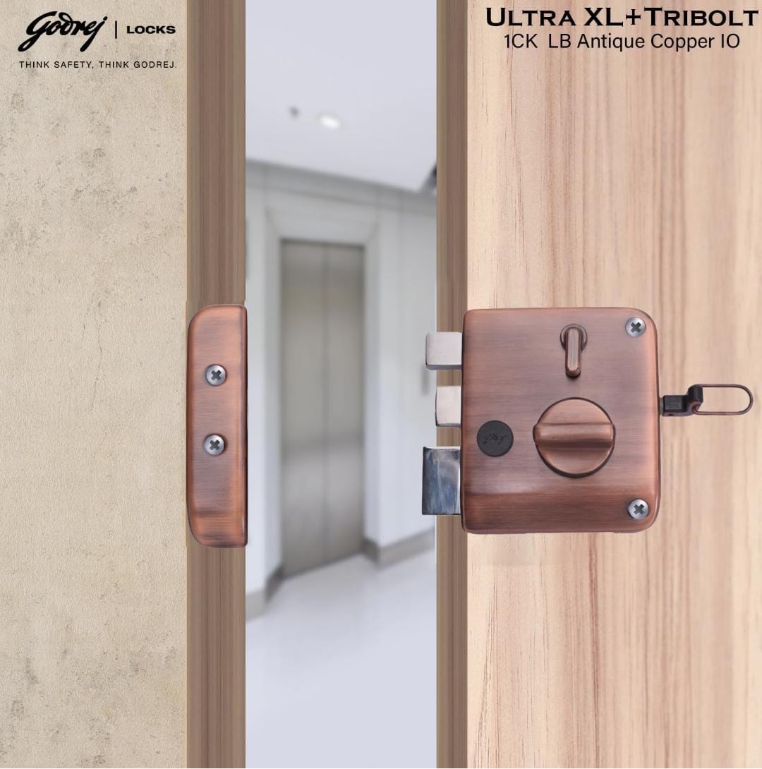 Godrej maindoor lock 6029 ultra XL+ tribolt 1ck with latchbolt Antique copper finish inside opening door 5 years warrenty free installation (1629)