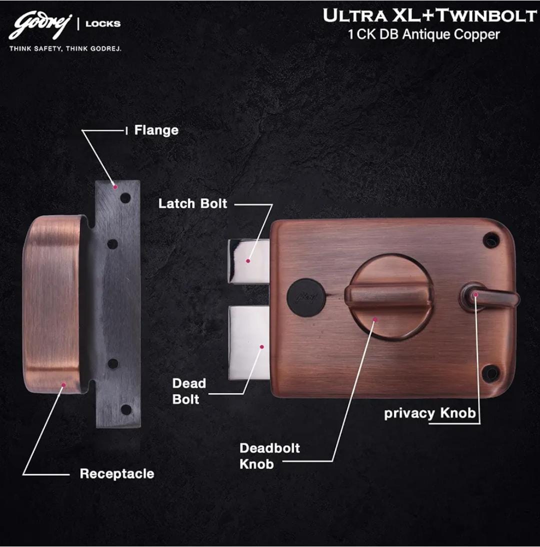 Godrej maindoor lock ultra XL+ twinbolt 6027 5 years warranty with antique copper finish free installation (1381)