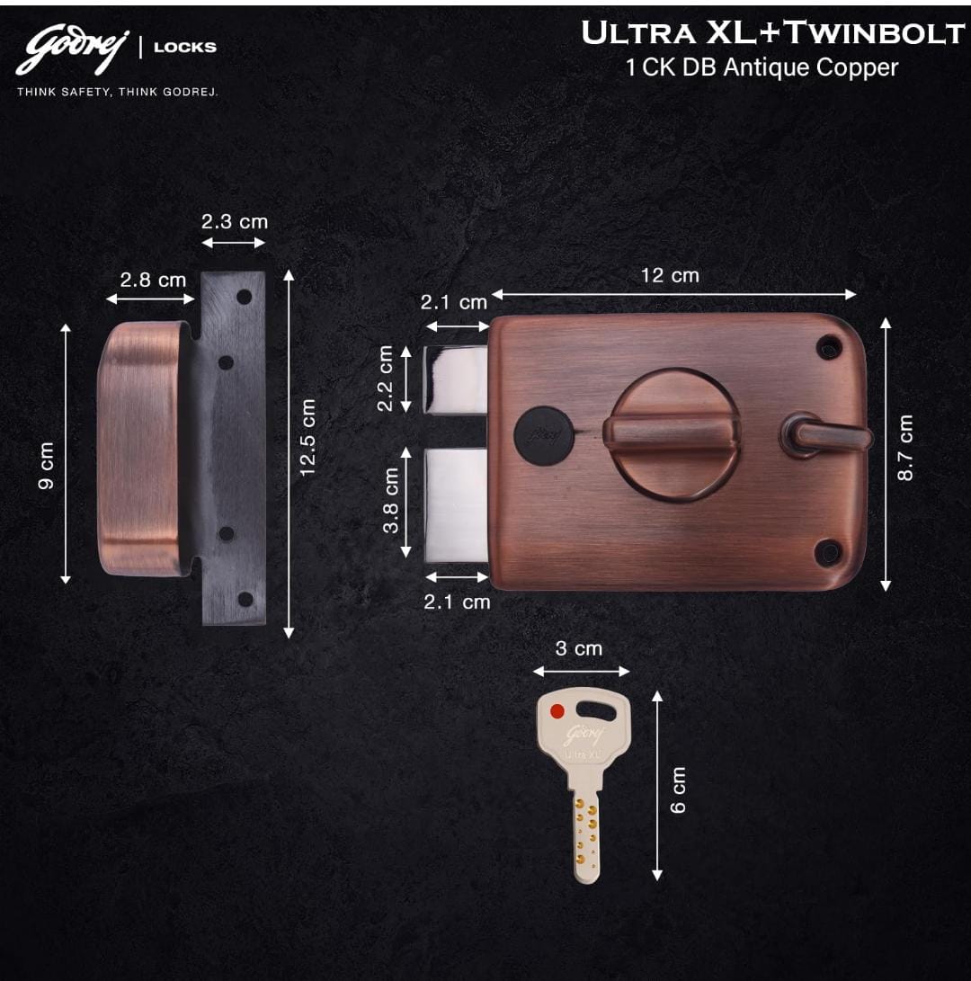 Godrej maindoor lock ultra XL+ twinbolt 6027 5 years warranty with antique copper finish free installation (1381)