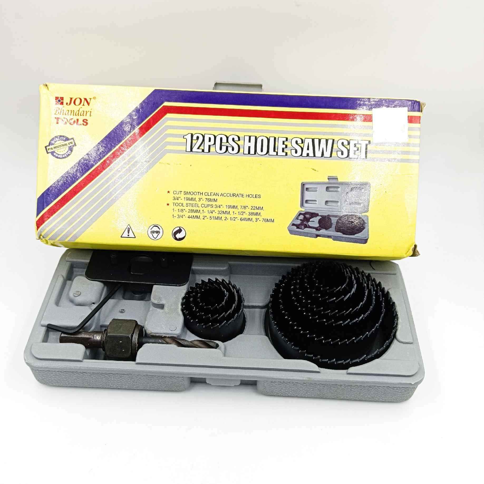 Wood holesaw bit set of 12pcs jon bhanday tools for wood,plastic etc black all size 19mm to 76mm black (1467)