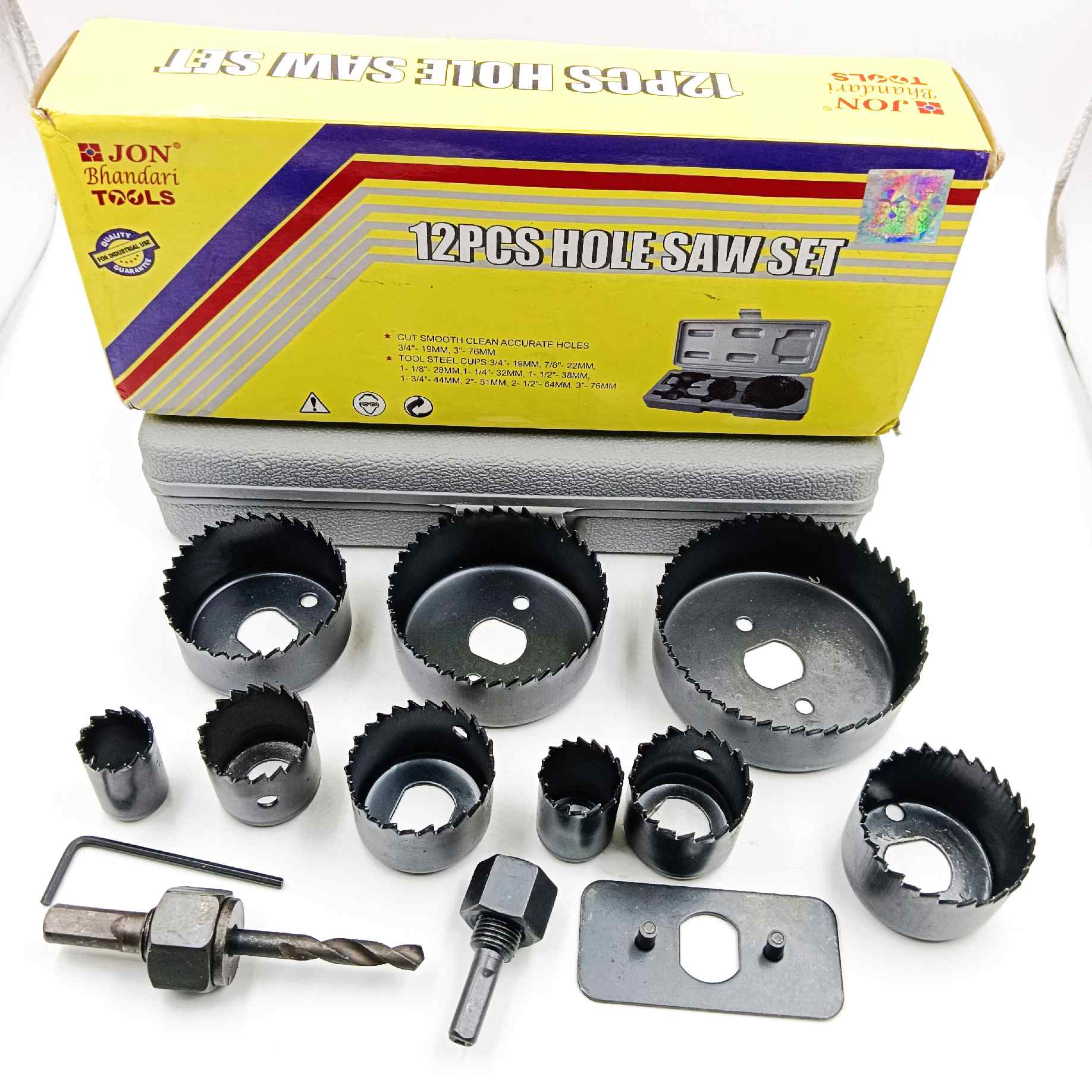 Wood holesaw bit set of 12pcs jon bhanday tools for wood,plastic etc black all size 19mm to 76mm black (1467)