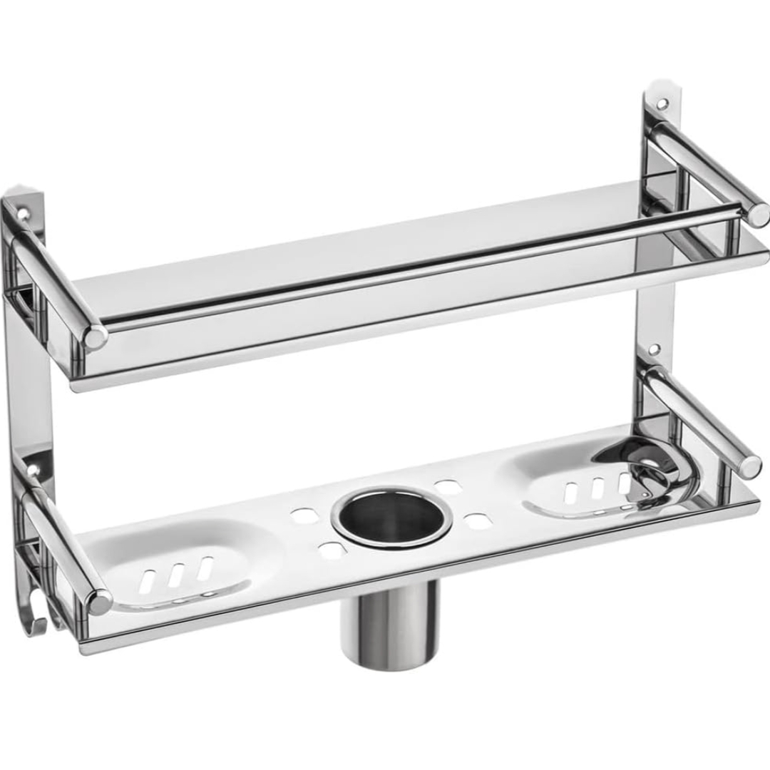 Stainless Steel 2 Layer Wall Mounted Bathroom Rack and Shelf Bathroom Storage Racks and Shelves Washroom Basin Double Soap Dish and Tumbler Holder Soap Holder Bathroom Accessories (1575)