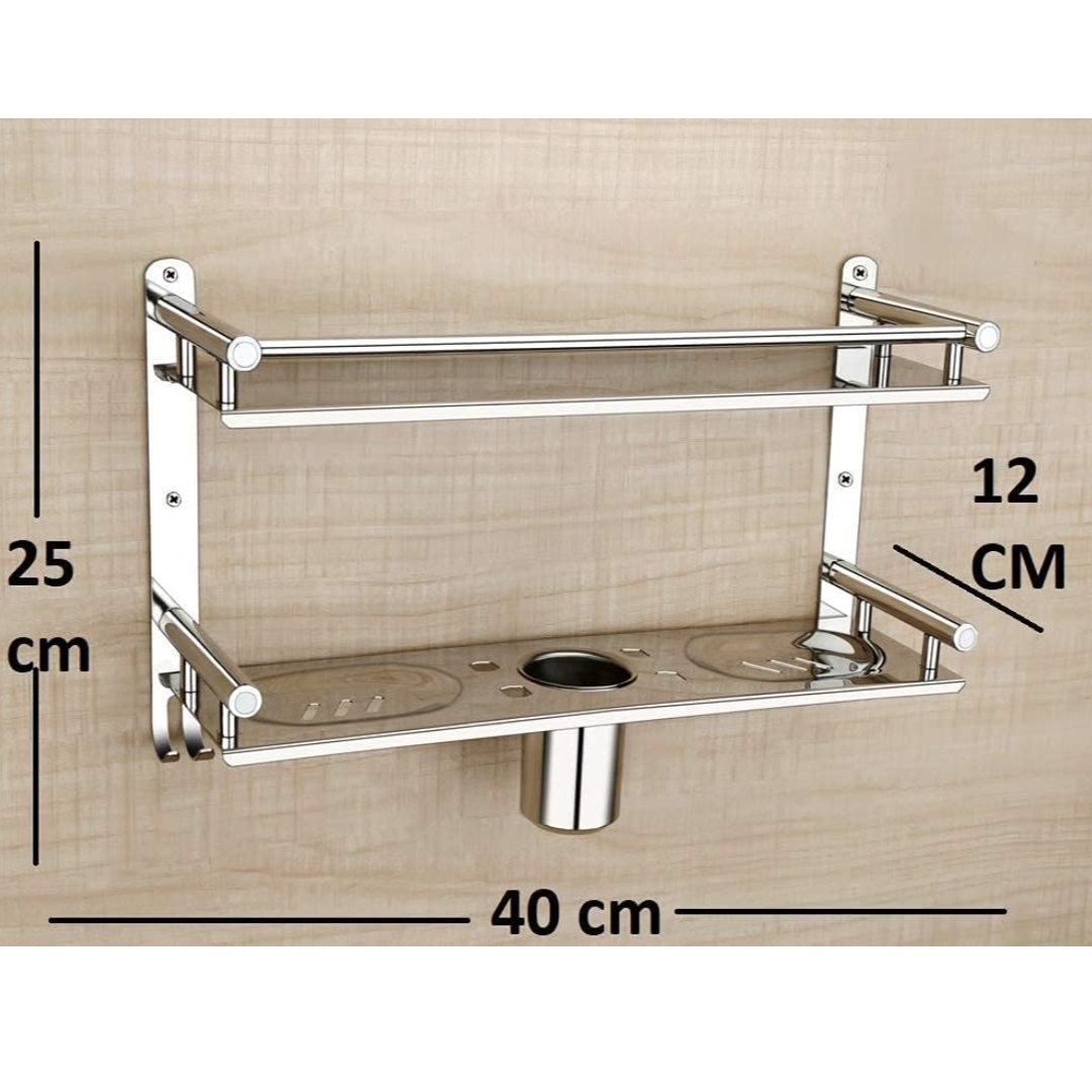 Stainless Steel 2 Layer Wall Mounted Bathroom Rack and Shelf Bathroom Storage Racks and Shelves Washroom Basin Double Soap Dish and Tumbler Holder Soap Holder Bathroom Accessories (1575)