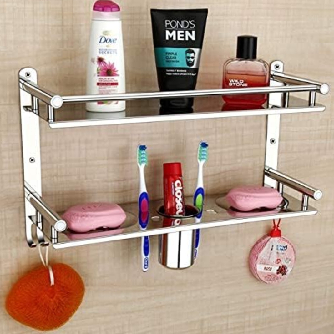 Stainless Steel 2 Layer Wall Mounted Bathroom Rack and Shelf Bathroom Storage Racks and Shelves Washroom Basin Double Soap Dish and Tumbler Holder Soap Holder Bathroom Accessories (1575)