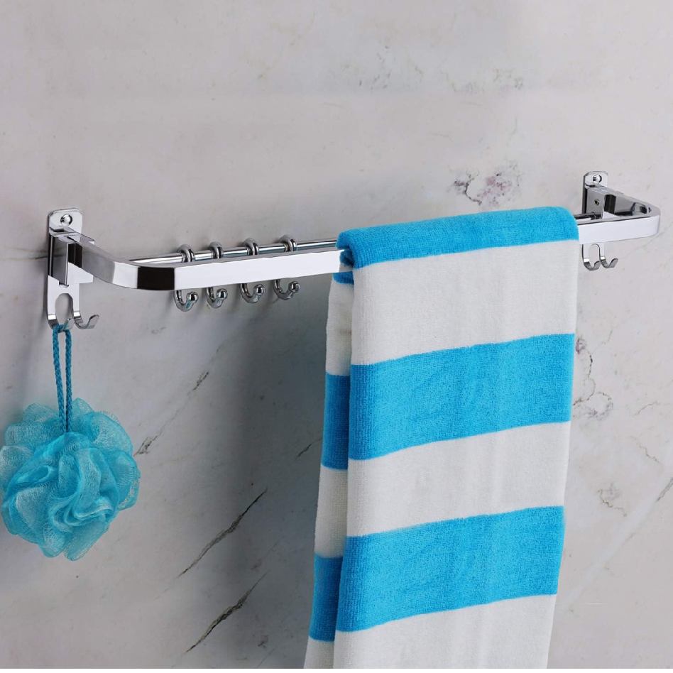 Folding towel rod with hooks for bathroom stainless steel 18",24" heavy (1585)