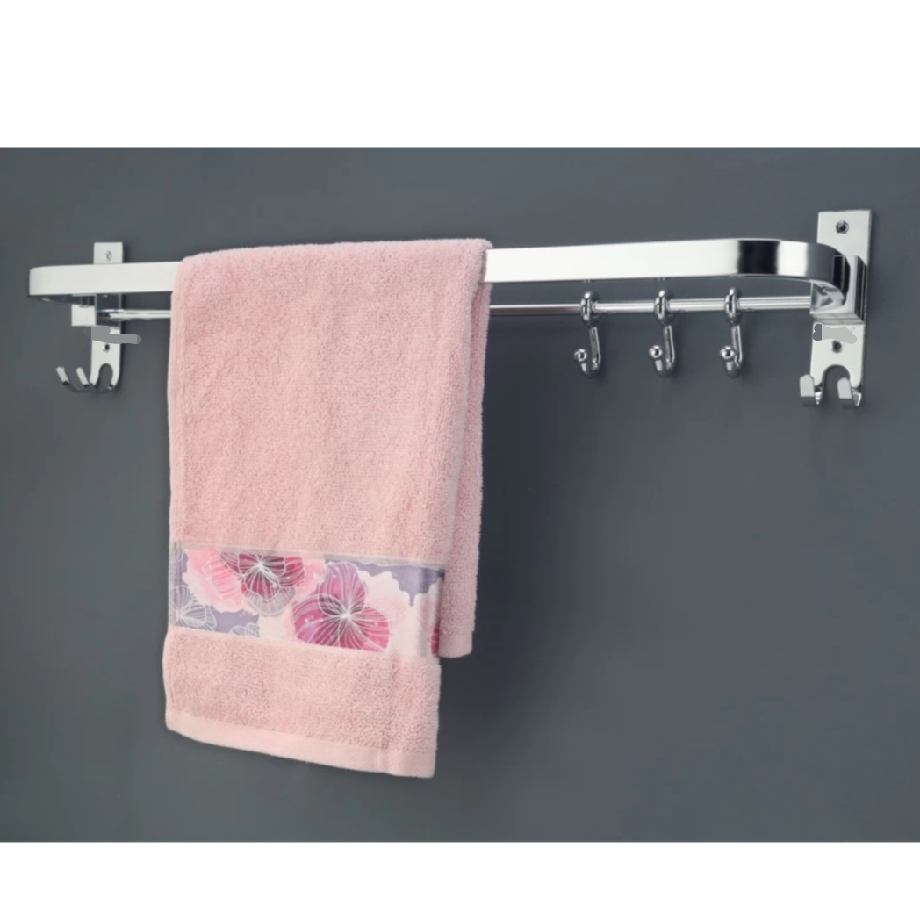 Folding towel rod with hooks for bathroom stainless steel 18",24" heavy (1585)