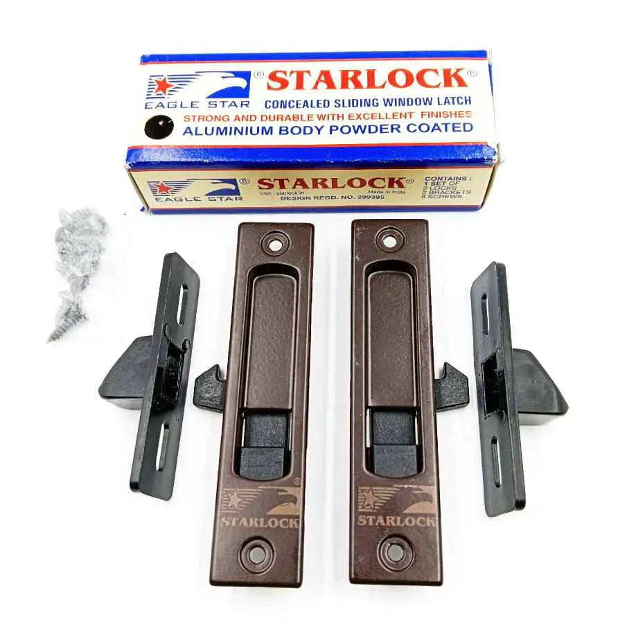 Starlock Aluminium Sliding Window Concealed Lock | set of 2 Pcs (left and right) | Brown Powder Coated 4" (1387)