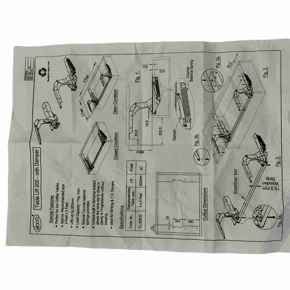 Ebco table lift 200 with damper softclose Lift-up top Coffee Table, Furniture Hardware Fitting Support Frame TL-200 (2325)