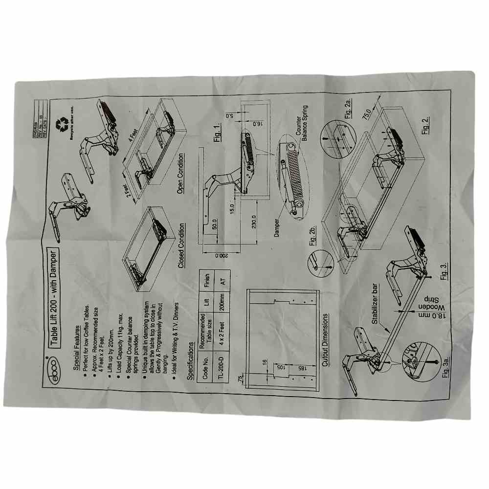 Ebco table lift 200 with damper softclose Lift-up top Coffee Table, Furniture Hardware Fitting Support Frame TL-200 (2325)