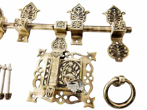 Manichitra aldrop with Trishul head brass antique with lock 14" long and 16mm rod thickness diamond cut model maindoor lock (1187)