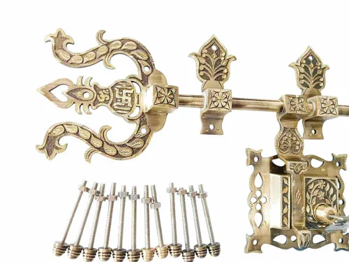 Manichitra aldrop with Trishul head brass antique with lock 14" long and 16mm rod thickness diamond cut model maindoor lock (1187)