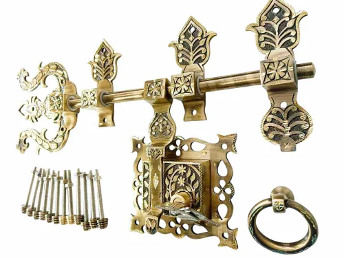 Manichitra aldrop with Trishul head brass antique with lock 14" long and 16mm rod thickness diamond cut model maindoor lock (1187)