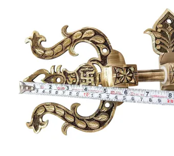 Manichitra aldrop with Trishul head brass antique with lock 14" long and 16mm rod thickness diamond cut model maindoor lock (1187)