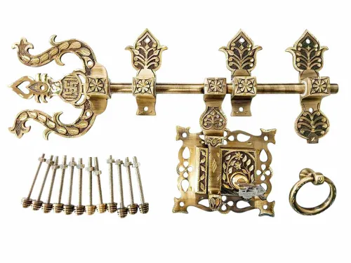 Manichitra aldrop with Trishul head brass antique with lock 14" long and 16mm rod thickness diamond cut model maindoor lock (1187)