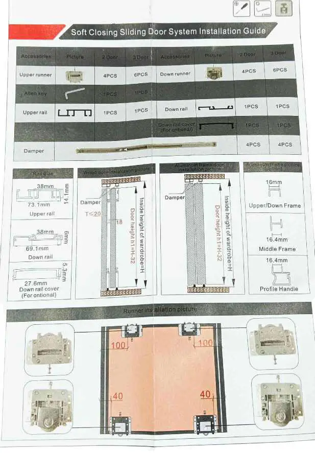Full set Sliding wardrobe double slim track for 2doors 6,8,12 feet with 8pcs wheel and 4pc soft closer 1 year warrenty (1376)