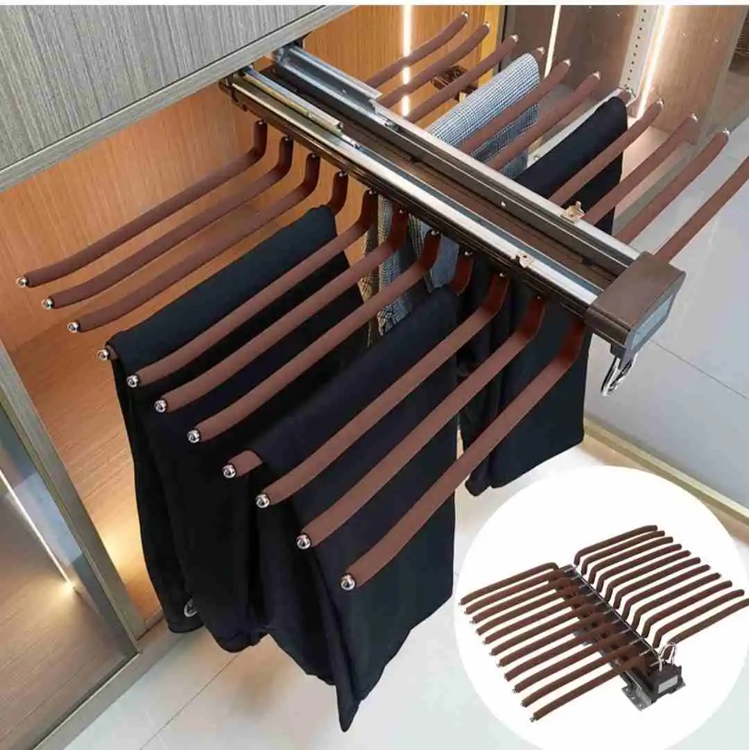 Wardrobe Organizer Pull Out Trouser/Saree Rack Soft Close Double Row 20 Arms Mocha Finish 650mm (3031)