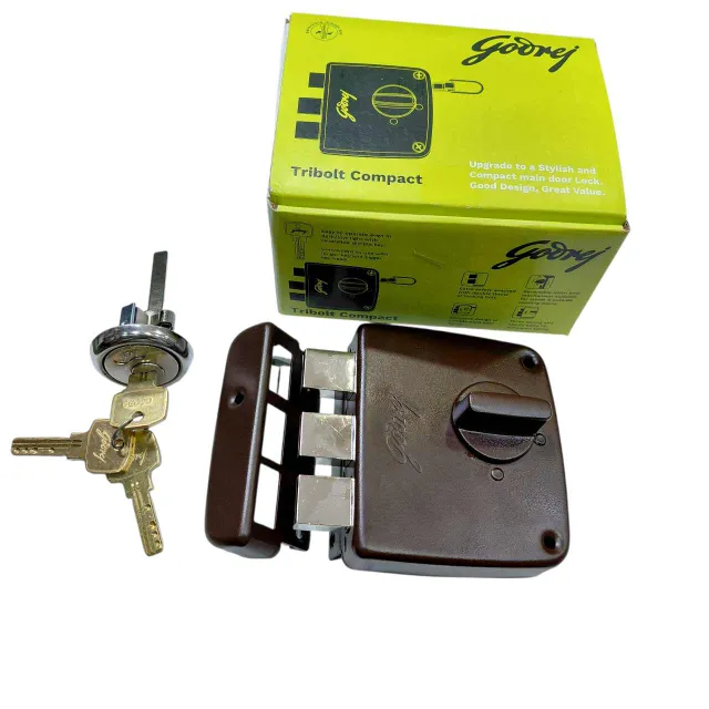 Godrej maindoor lock tribolt compact 4517 mini tribolt 3 deadbolt 1ck brown finish 5 years warranty rimlock (2800)
