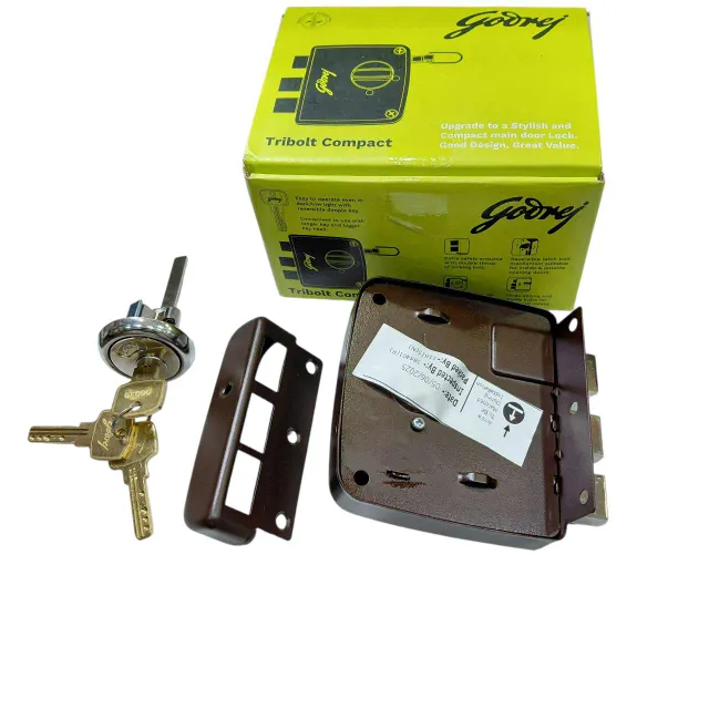 Godrej maindoor lock tribolt compact 4517 mini tribolt 3 deadbolt 1ck brown finish 5 years warranty rimlock (2800)