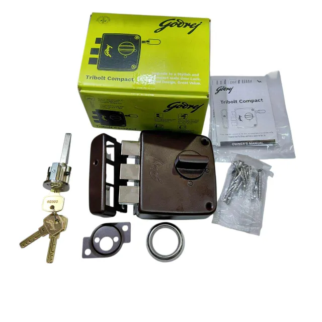 Godrej maindoor lock tribolt compact 4517 mini tribolt 3 deadbolt 1ck brown finish 5 years warranty rimlock (2800)