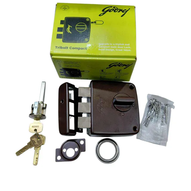 Godrej maindoor lock tribolt compact 4517 mini tribolt 3 deadbolt 1ck brown finish 5 years warranty rimlock (2800)