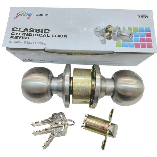 Cylindrical lock keyed godrej 5808 stainless steel for bedroom (with key) 2years warrenty (60mm latch) (1352)