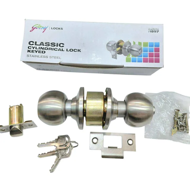 Cylindrical lock keyed godrej 5808 stainless steel for bedroom (with key) 2years warrenty (60mm latch) (1352)