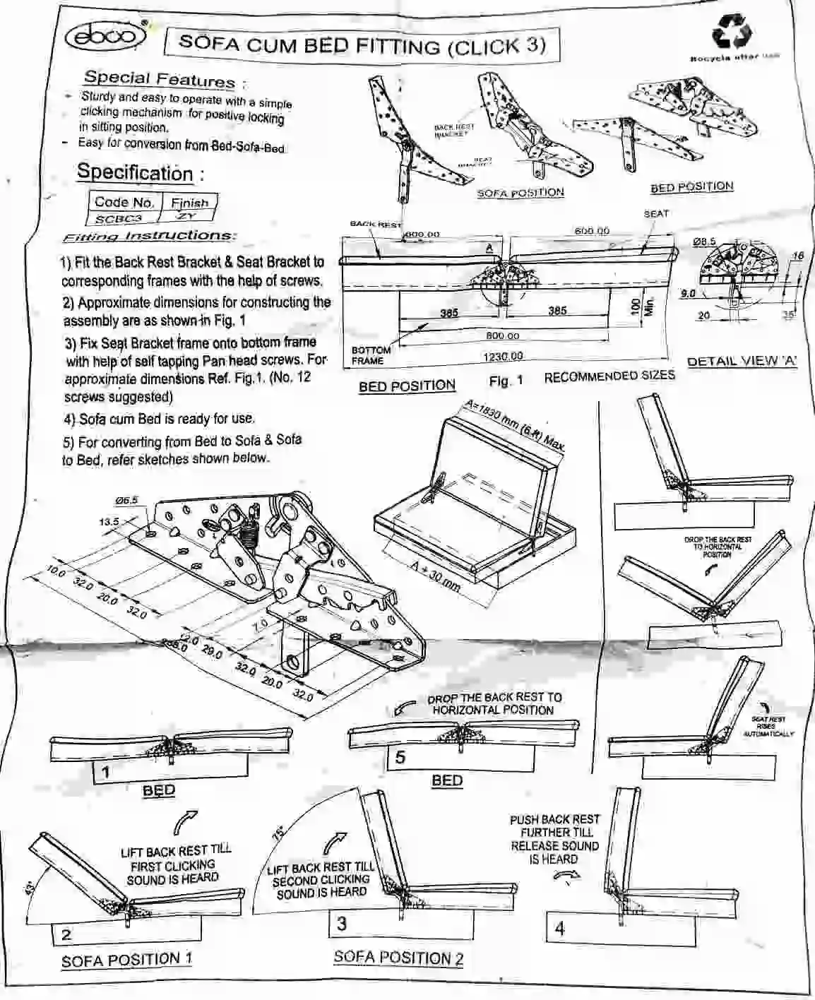 Ebco Sofa Cum Bed Fitting 3 Click SCBC3 Set of 2pcs | Convertible Sofa to Bed Mechanism with 3 Reclining Positions (2913)